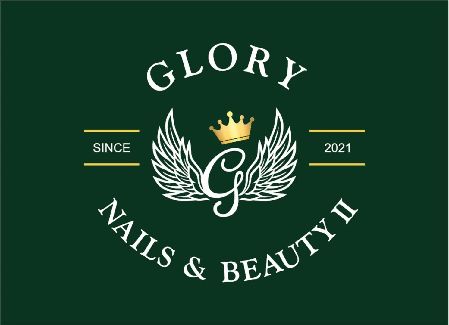 Glory Nails & Beauty II badge — winged G monogram with crown, since 2021