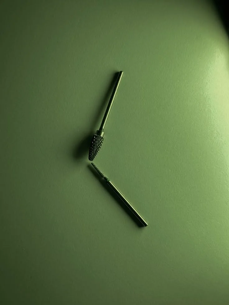 Nail drill bits arranged on a green backdrop