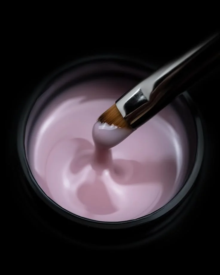 Macro of a natural pink gel pot with brush